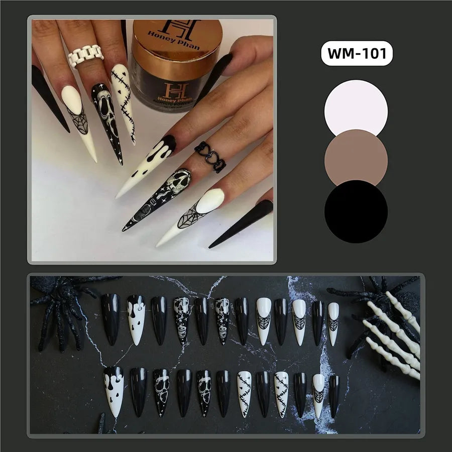 24 pcs/box Wholesale Wound Skeleton Long Pattern Nails Halloween Ghost Spider Web Press on Nail