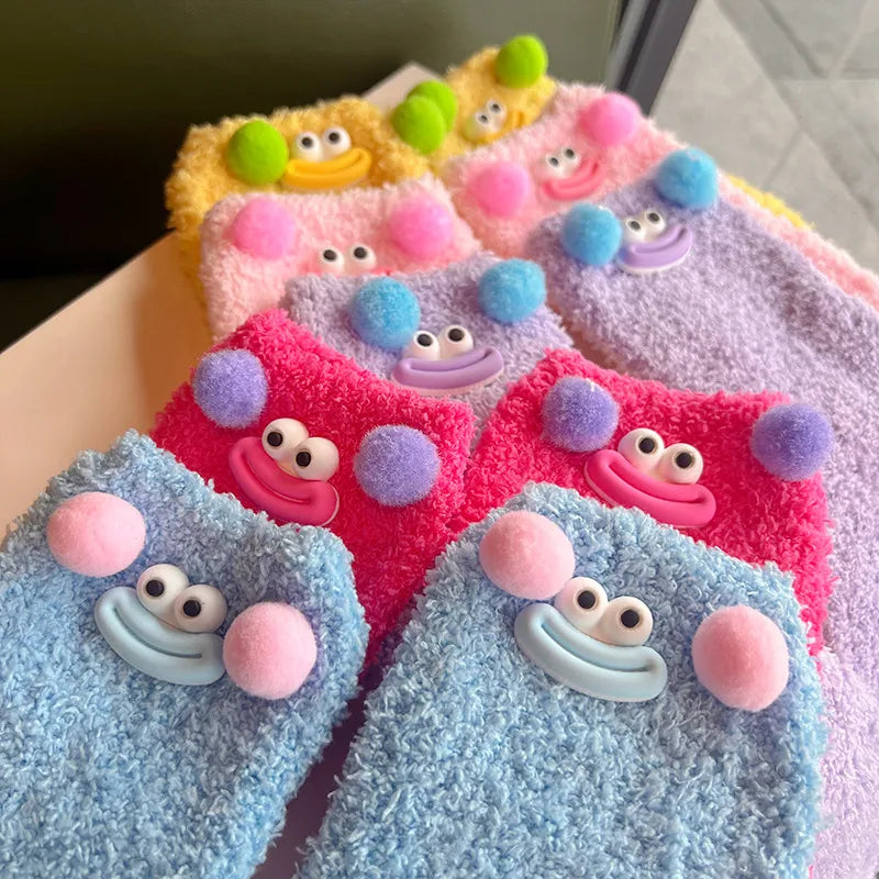 women's casual cartoon polyester coral fleece crew socks a pair