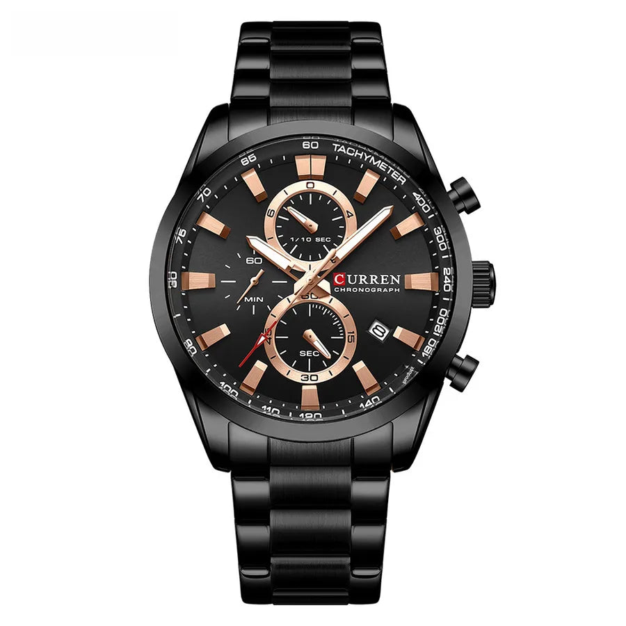 CURREN Carian 8445 men's steel belt business six-pin chronograph quartz watch calendar small three-pin watch
