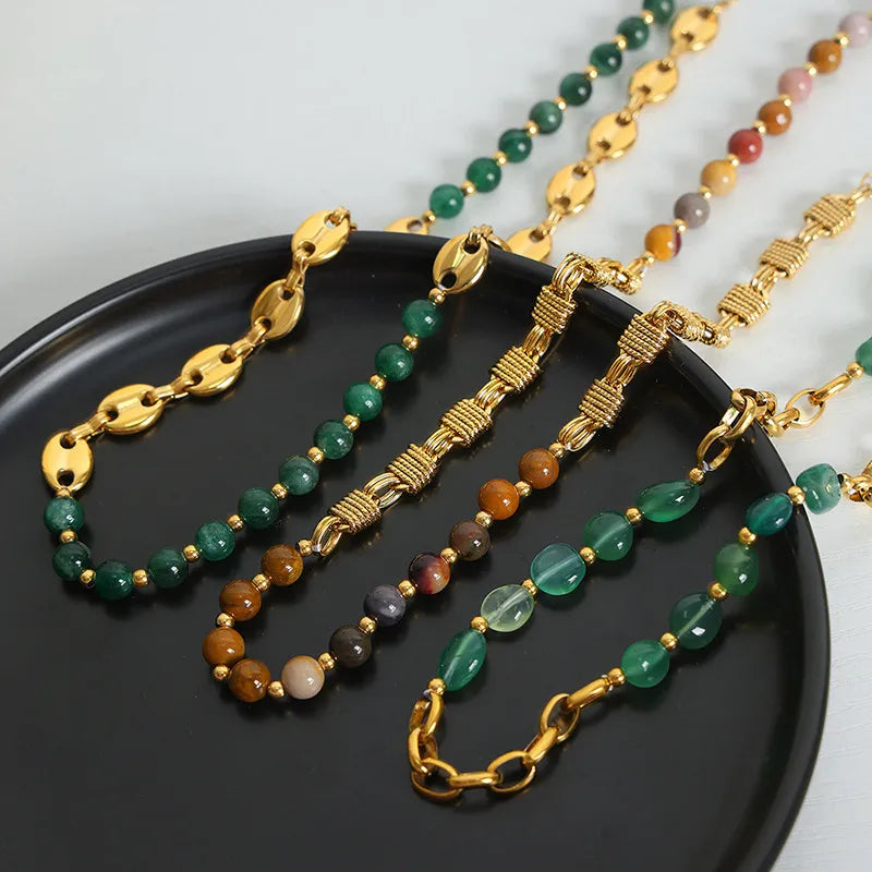 simple style geometric natural stone titanium steel plating necklace