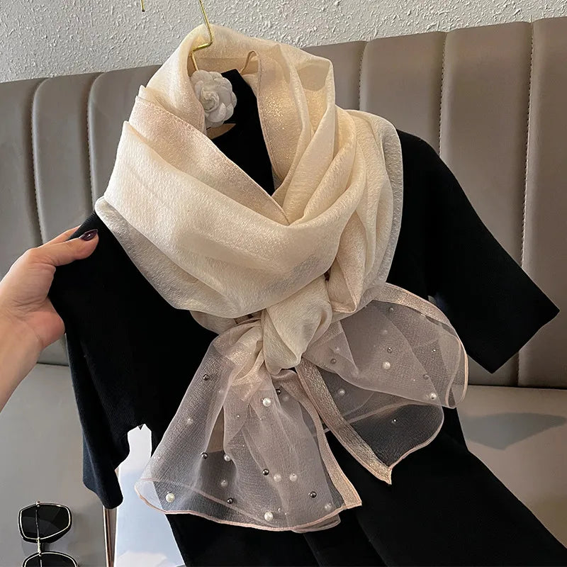 women's simple style color block satin pearl silk scarf