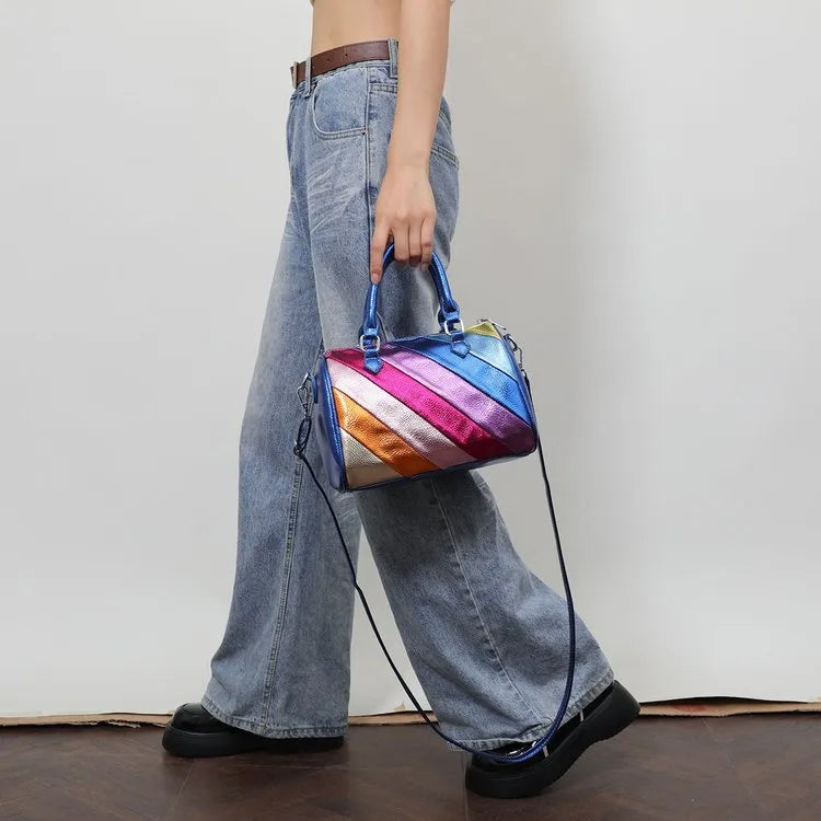 Women's Pu Leather Color Block Stripe Streetwear Square Zipper Handbag
