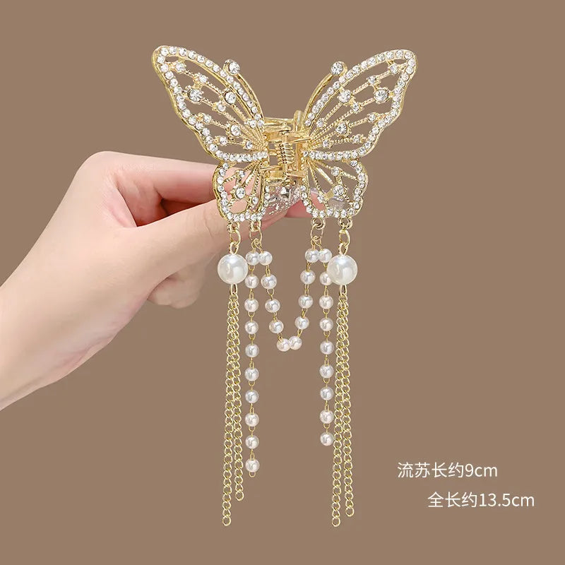 Alloy butterfly hairpin Korean high-end sense exquisite pearl tassel hair accessories half hair clip women's headdress wholesale