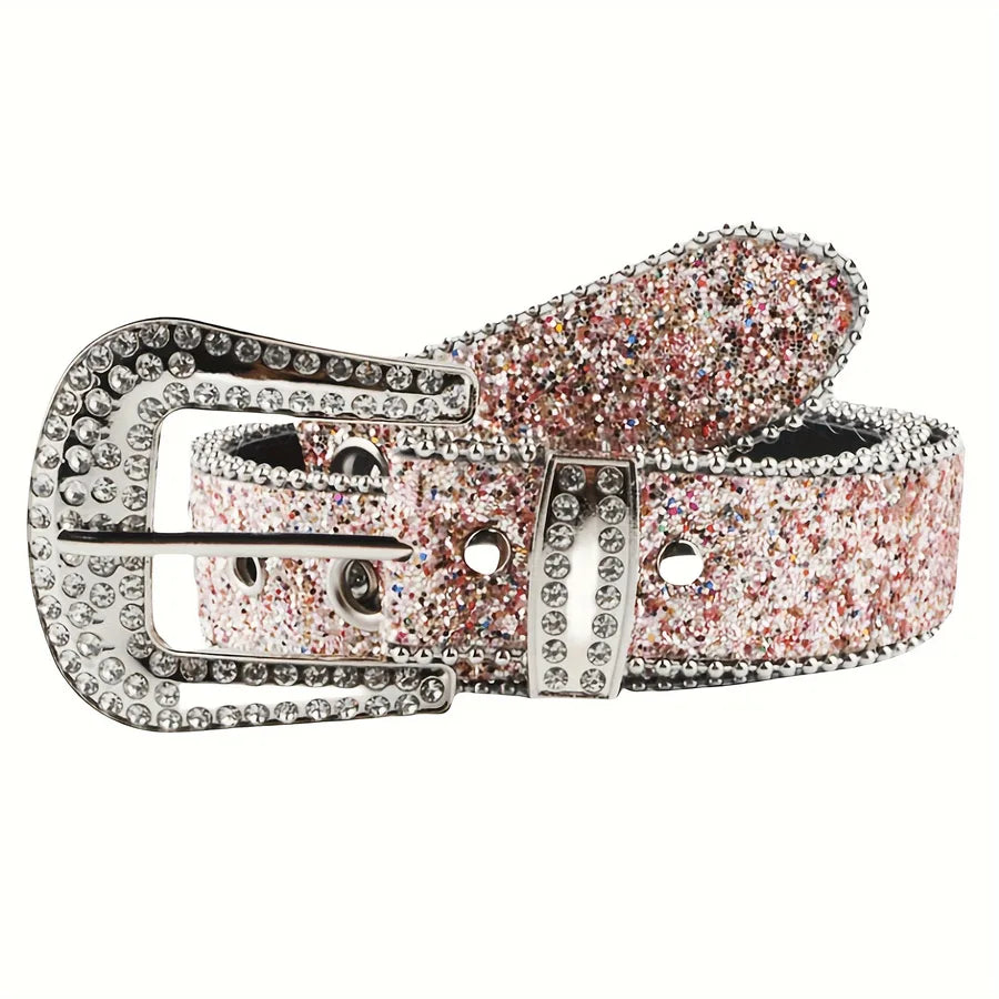 retro sweet solid color pu leather alloy diamond women's leather belts