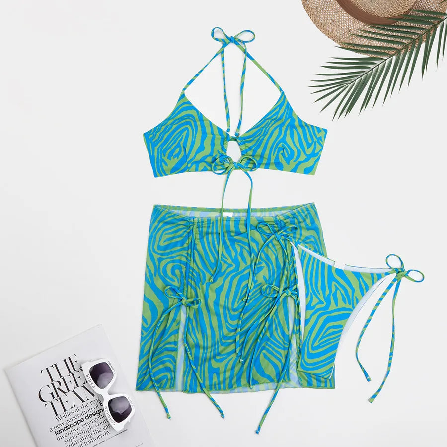 Women's Stripe Gradient Color 3 Pieces Set Bikinis Swimwear