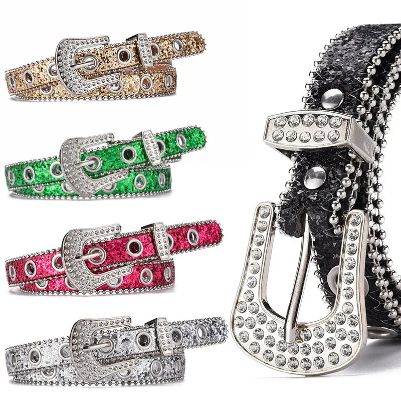 IG Style Shiny Solid Color Pu Leather Alloy Sequins Inlay Rhinestones Women's Leather Belts