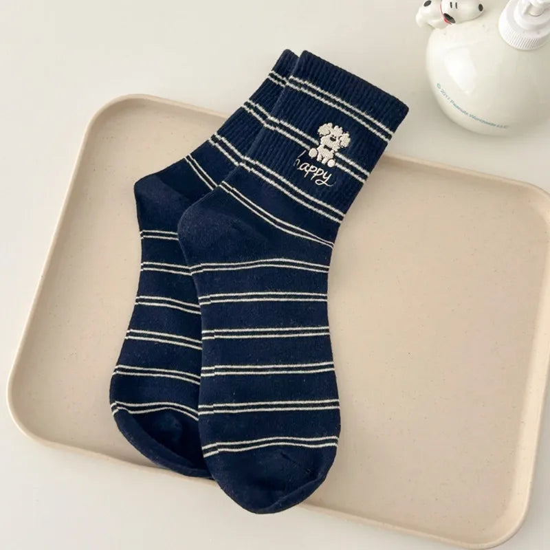 Spring and Summer suxinaimin Cute Dog Embroidered Trendy Healing Striped Mid-Socks Ins Casual Piled Socks