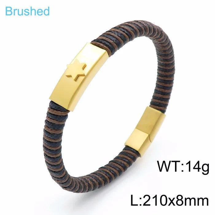 Hip-Hop Retro Color Block Pu Leather Titanium Steel Braid 18K Gold Plated Men's Bangle