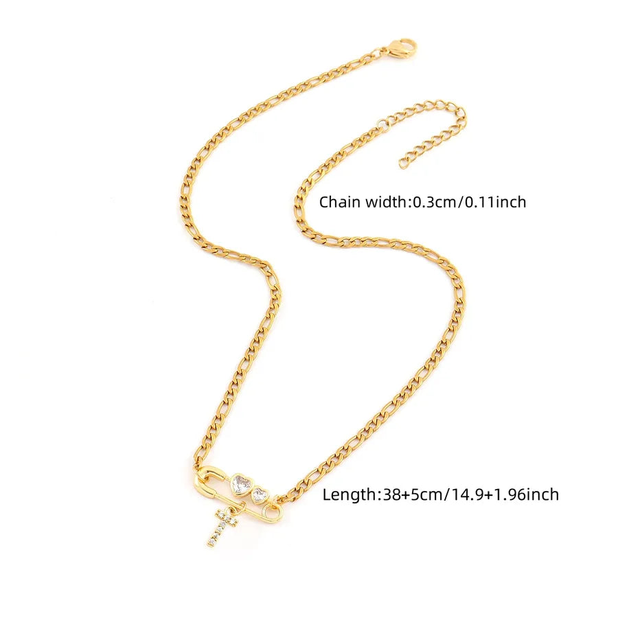 Wholesale Jewelry Elegant Simple Style Classic Style Pin Letter 201 Stainless Steel Artificial Crystal Copper figaro chain Pendant Necklace