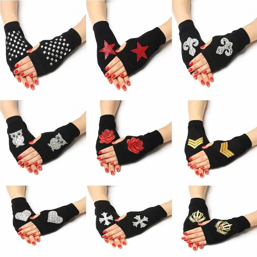 unisex retro bear owl flower knitted fabric gloves 1 pair