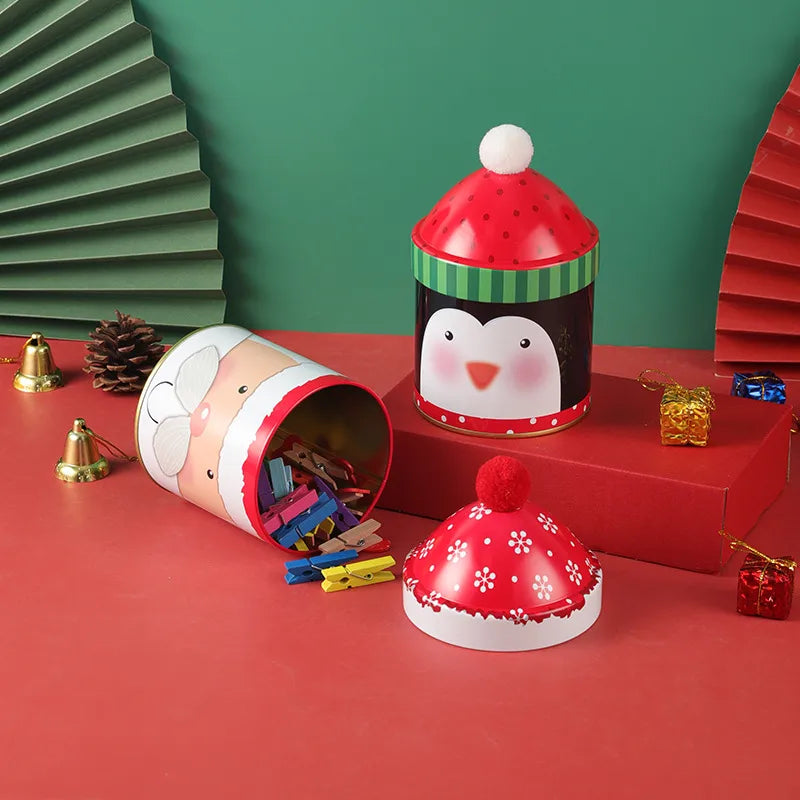 Adorable Christmas Candy Box Santa Claus Reindeer Snowman Storage Can Personalized Christmas Hat Iron Box Gift Packaging