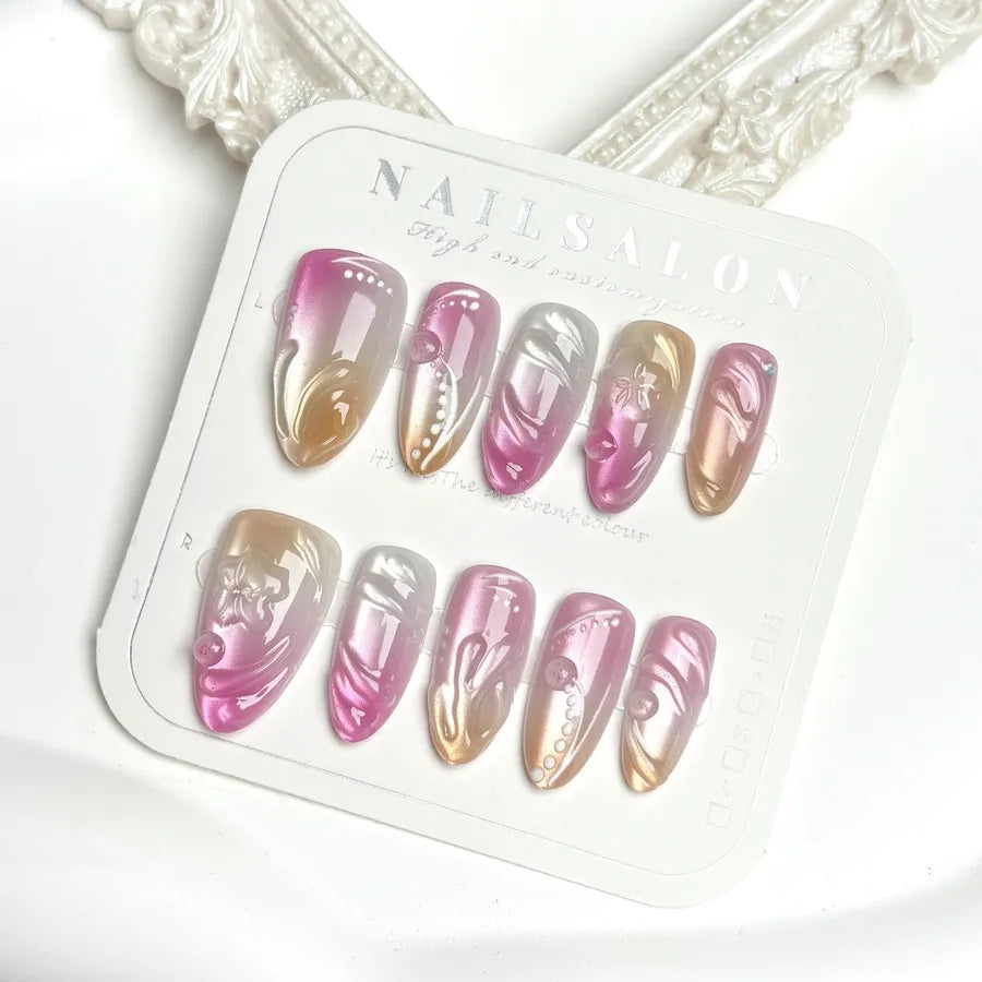 Handmade Almond Nail Press-Ons 3D Floral Shell Design Gradient White Effect European Style Nail Art False Nails Set