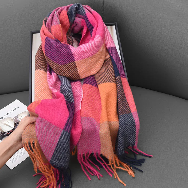 Women's Classic Style Plaid Imitation cashmere Tassel Scarf