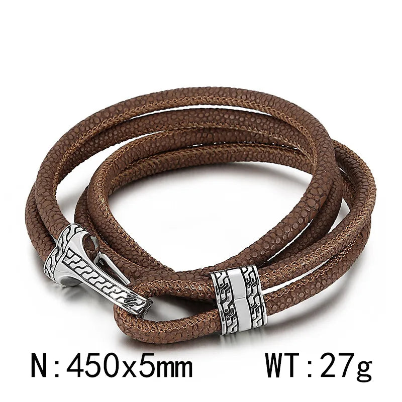 hip-hop retro solid color stainless steel pu leather patchwork men's bracelets