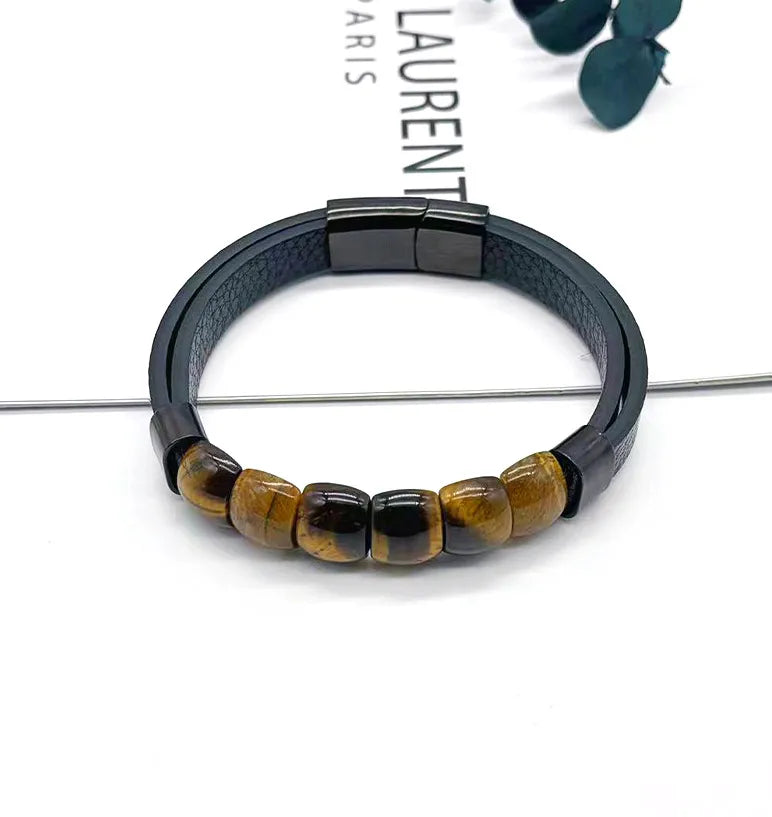 Retro Round 304 Stainless Steel Pu Leather Men's Bangle Men Cord & Leather Bracelets