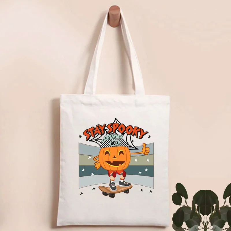 Halloween Women's Canvas Pumpkin Letter Cute Square Open Canvas Bag