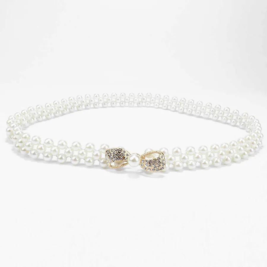 sweet oval flower bow knot imitation pearl metal inlay rhinestones women's chain belts