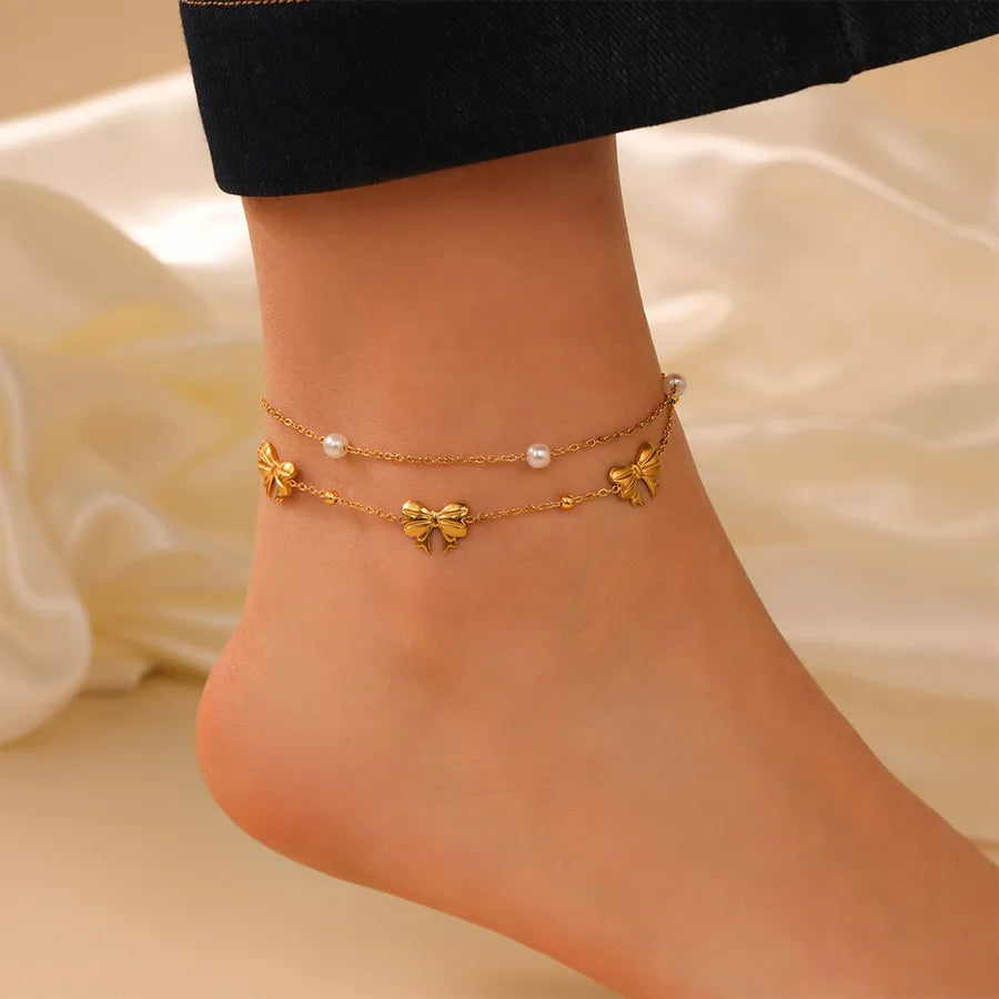 Wholesale Jewelry Elegant Princess Sweet Bow Knot 304 Stainless Steel 18K Gold Plated Anklet