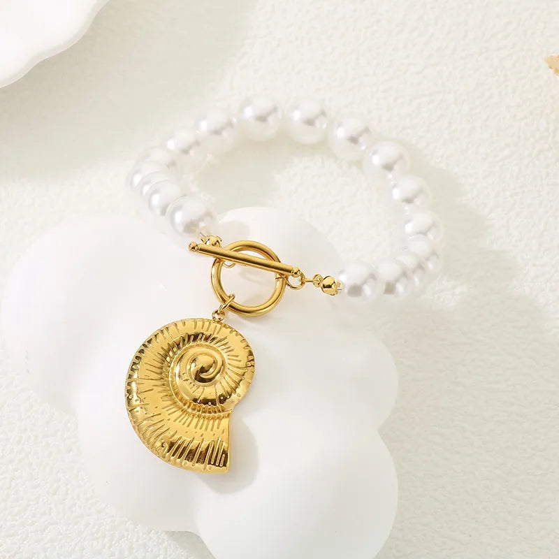 Beach Sweet New Style Starfish Conch Heart Shape 304 Stainless Steel 18K Gold Plated Beaded Chain Bracelets In Bulk