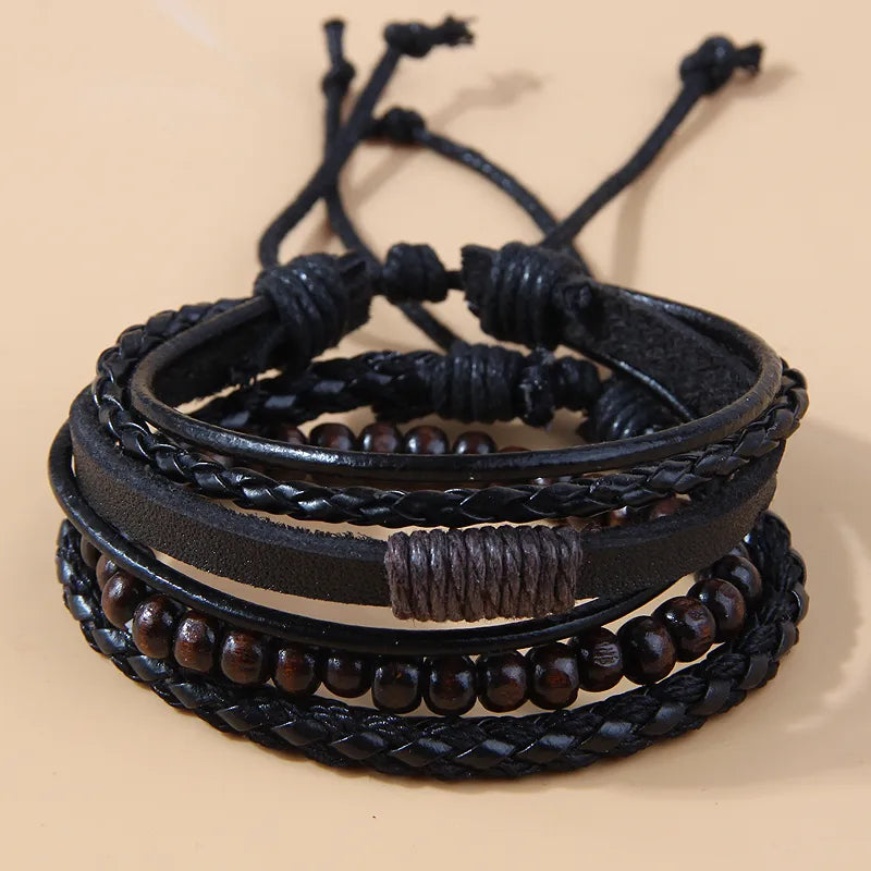 Ethnic Style Solid Color Pu rope Wood Men's Bracelets