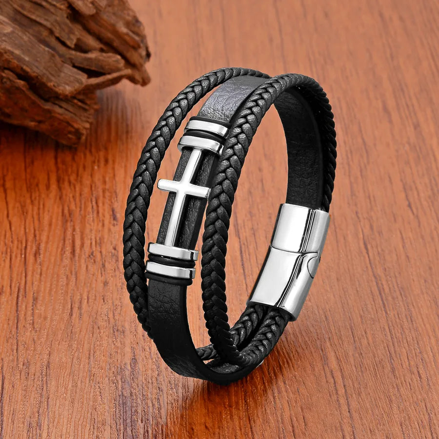 Retro Punk Cross Leather rope Iron Layered Men's Bracelets