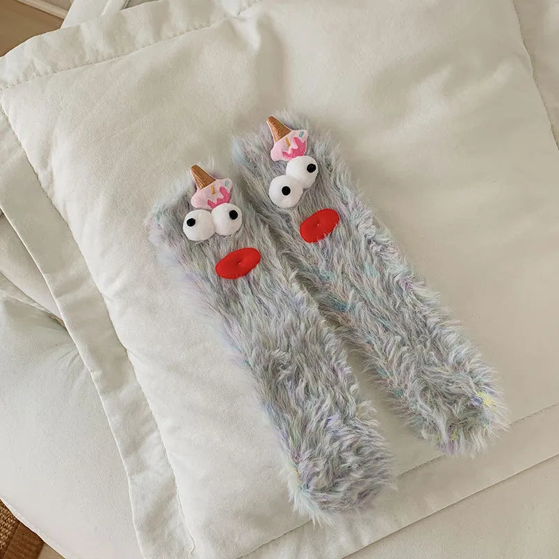 women's preppy style cartoon coral fleece jacquard crew socks a pair