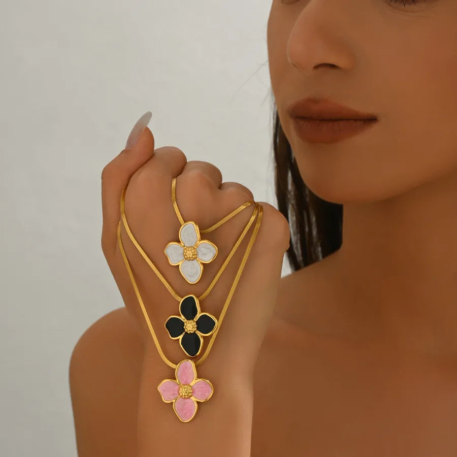 Wholesale Jewelry Fairy Style Casual Vacation Flower 304 Stainless Steel 18K Gold Plated snake chain Pendant Necklace