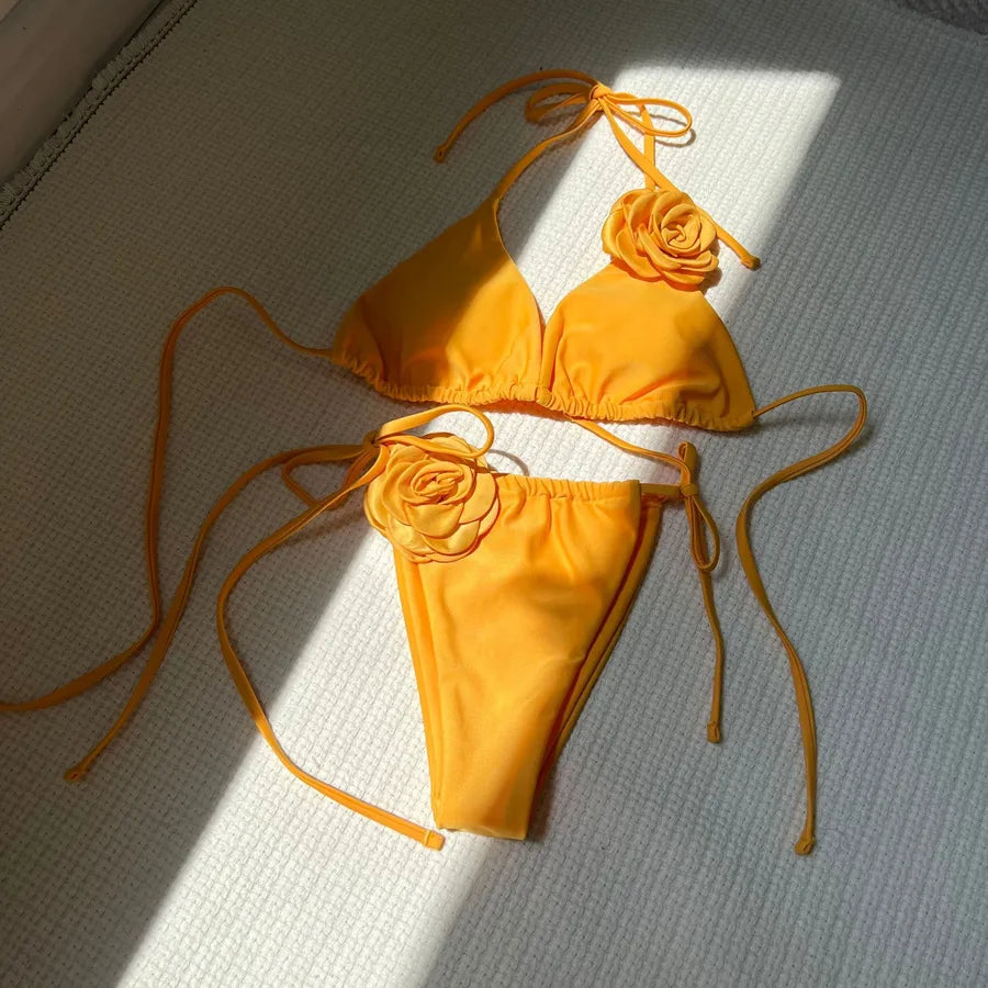 Women's Solid Color Flower 2 Pieces Set Bikinis Swimwear