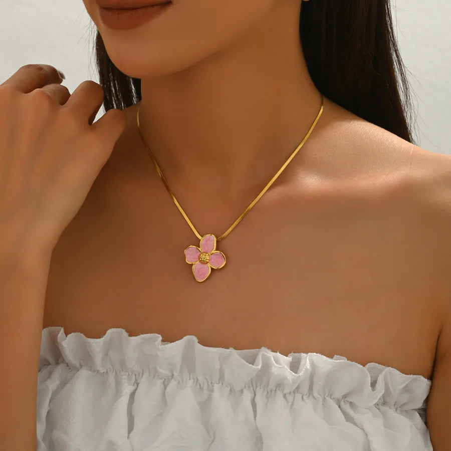 Wholesale Jewelry Fairy Style Casual Vacation Flower 304 Stainless Steel 18K Gold Plated snake chain Pendant Necklace