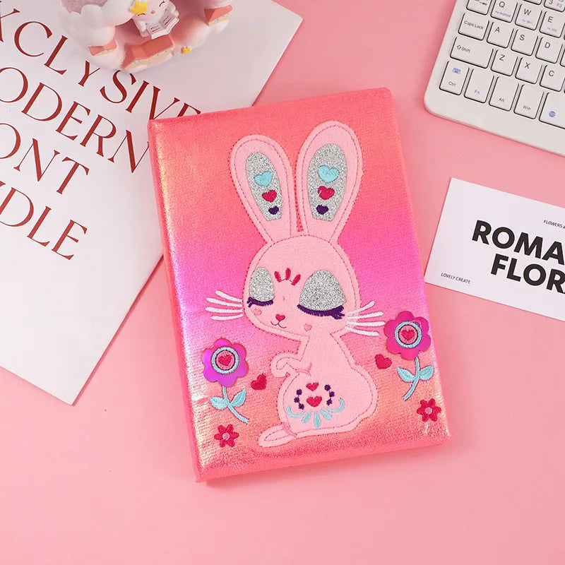 Adorable Cartoon  And Rabbit Handmade Notebook Journal For Kids And Teenage Girls Sparkling Memo Book Simple Style