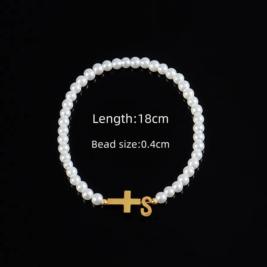 Classic Style Cross Letter 304 Stainless Steel Artificial Pearl Beaded Chain Beaded Bracelets Wholesale