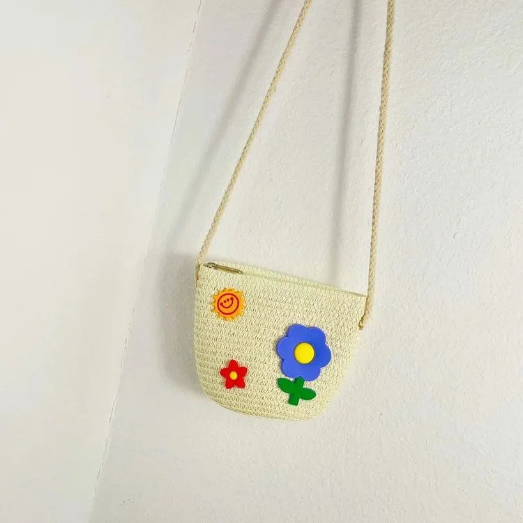 Kid'S Straw Flower Cute Square Zipper Shoulder Bag