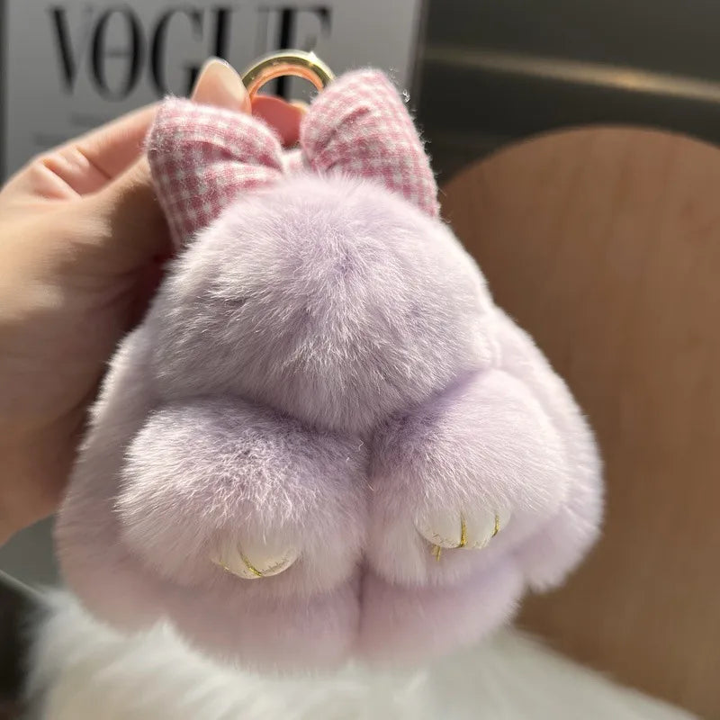 Cute real Rex rabbit fur bow rabbit car key chain pendant plush doll schoolbag bag hanging ornaments wholesale