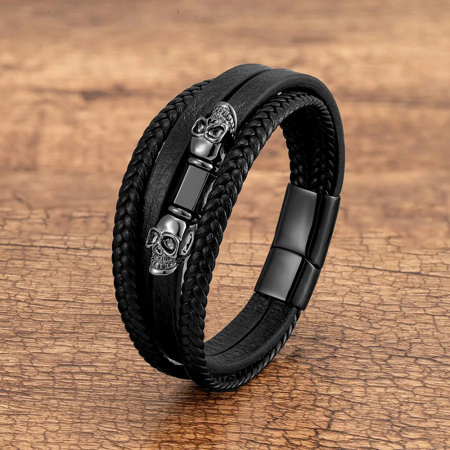 Hip-Hop Punk Skull Leather rope Metal Handmade Halloween Men's Bracelets