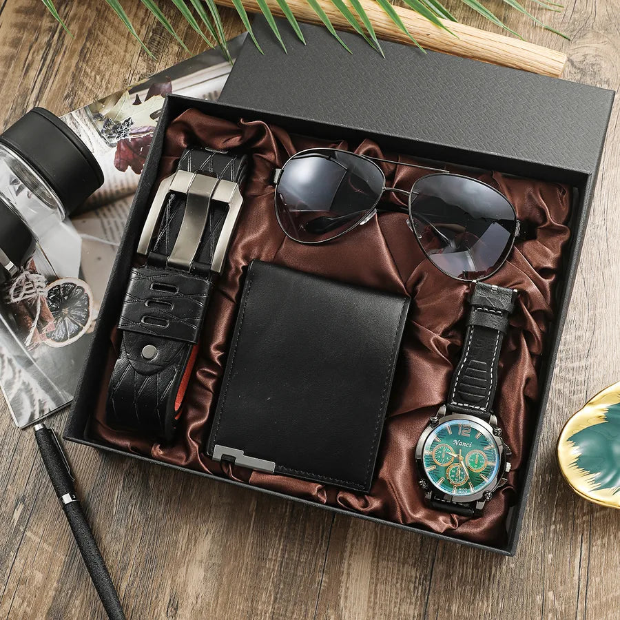 Business Color Block Folding Buckle Quartz Men's Watches Gift Set