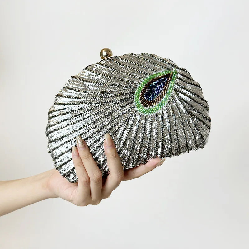 blue black gold metal feather beading sequins shell evening bags