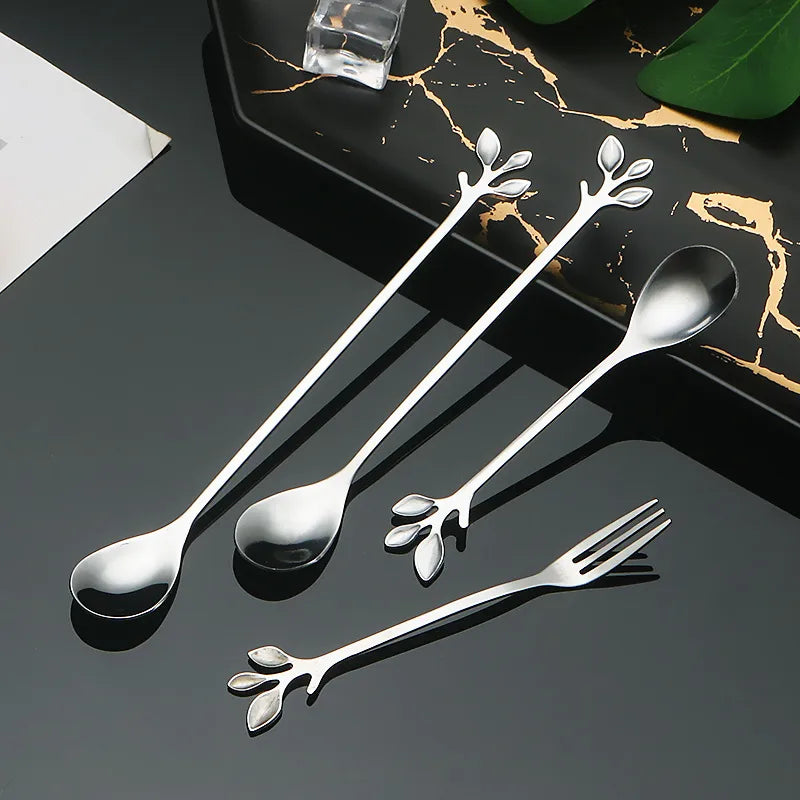 Stainless Steel Leaf Spoon Creative Golden Leaf Coffee Spoon Dessert Spoon Fruit Fork Cake Fork Wholesale Gift Spoon