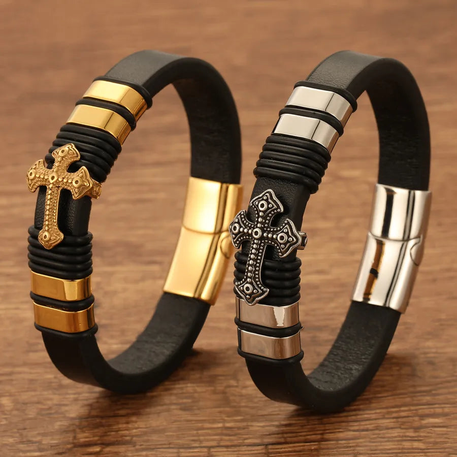Vintage Style Classic Style Cross Pu Leather Titanium Steel Woven Chain Wrap Bracelets Wholesale