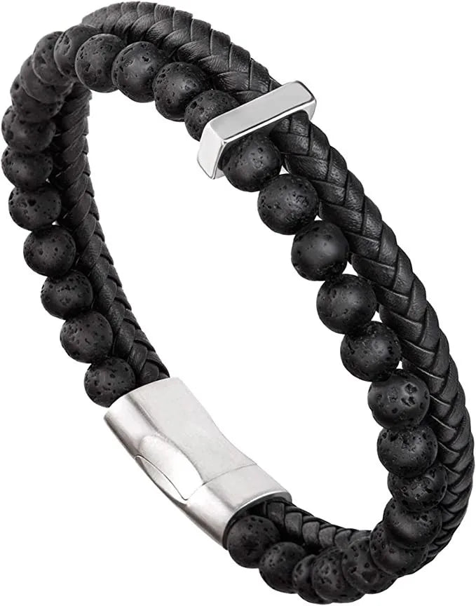 Trade Halloween Men Beads Leather Bracelet Natural Beads Steel and Leather Bracelet Gifts for Men