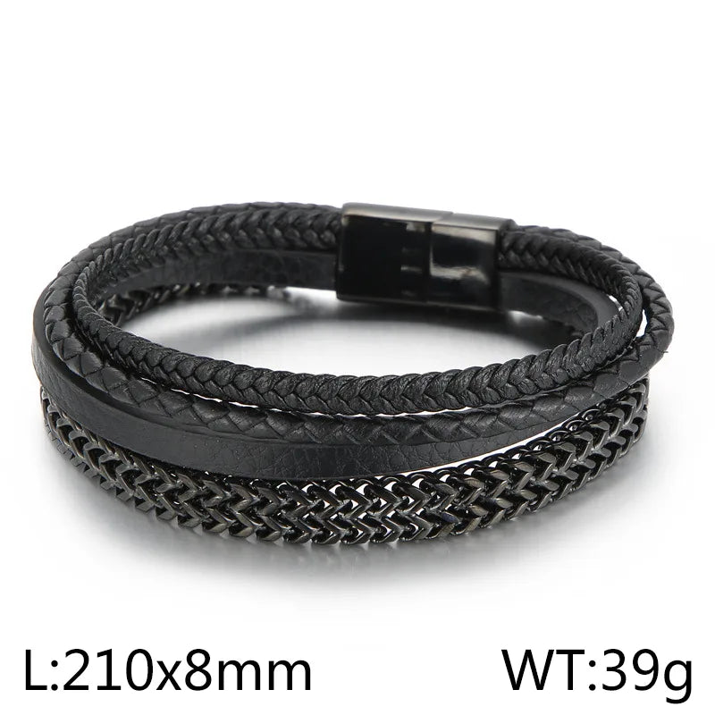 Fashion Round Stainless Steel Cowhide Patchwork 18K Gold Plated Men'S Bracelets