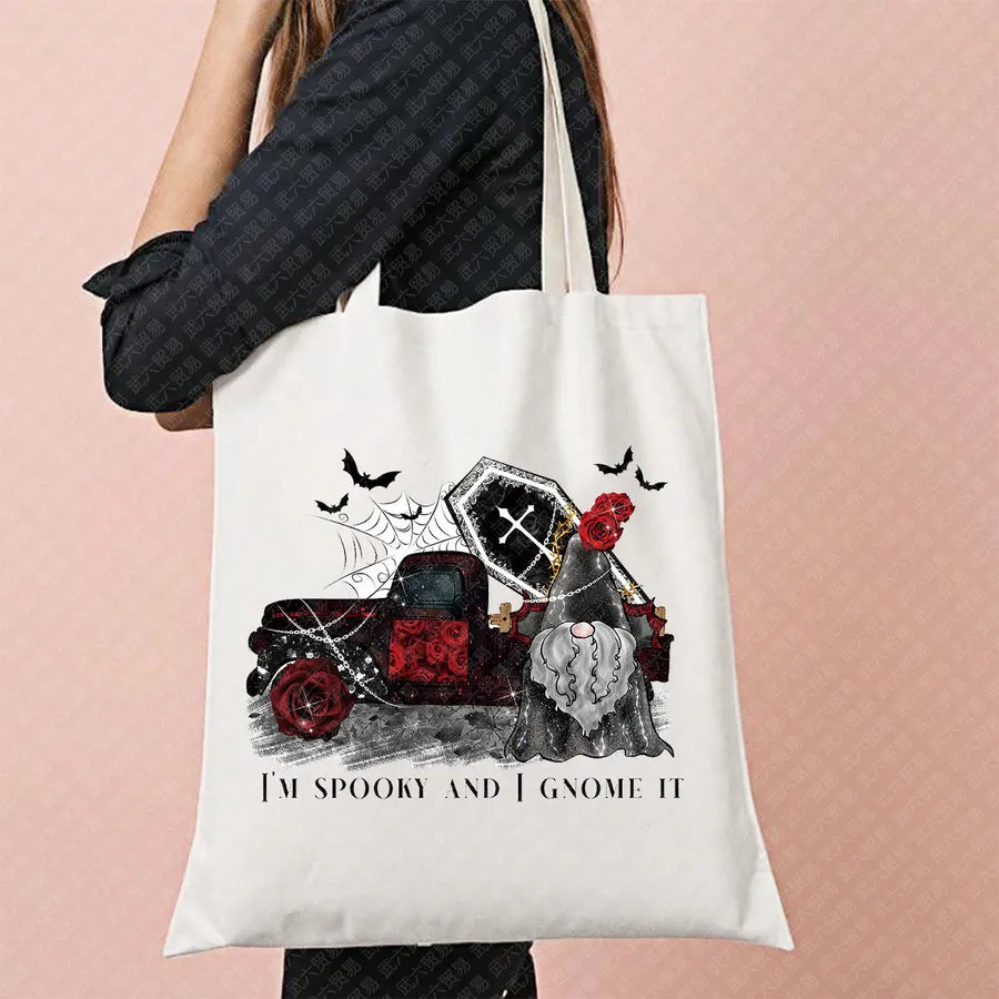 Ghost Pattern Halloween Outdoor Shopping Bag Cute Ghost Design Canvas Tote Bag For Ladies Retro Fashion Printed Large Size