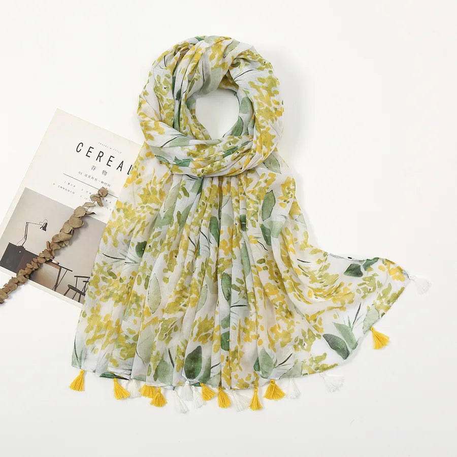 women's sweet flower cotton and linen tassel silk scarves