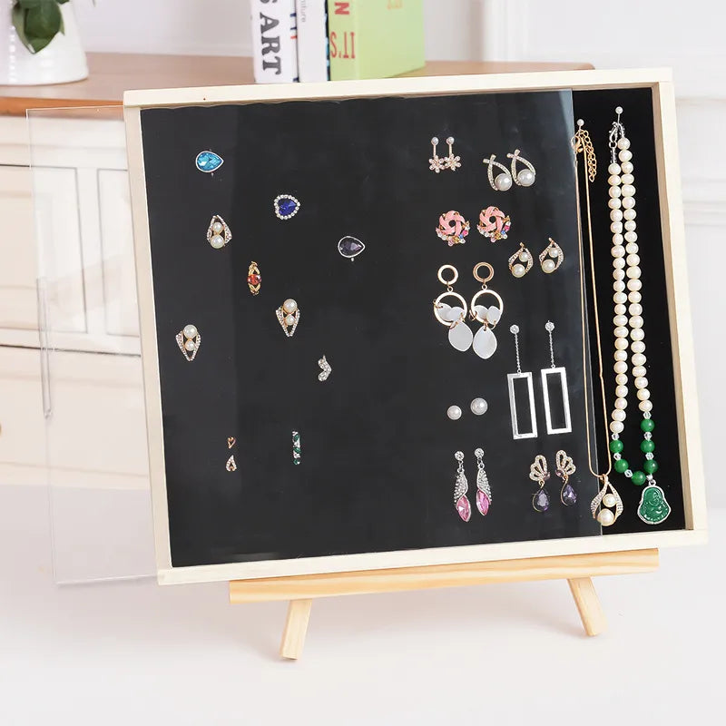 Solid wood dustproof jewelry box wall-mounted household earrings earrings display rack ring storage tray necklace earrings box