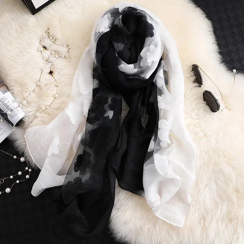 Women's Elegant Flower Polyester Silk Scarf