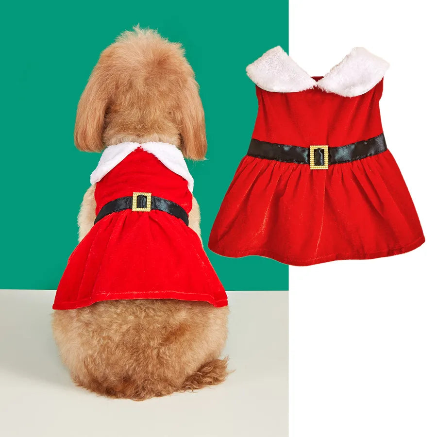 Christmas Theme Green Bow Tie Red Christmas Skirt Warm Small Medium Pet Sweater Princess Style Velvet Material Dog Clothes