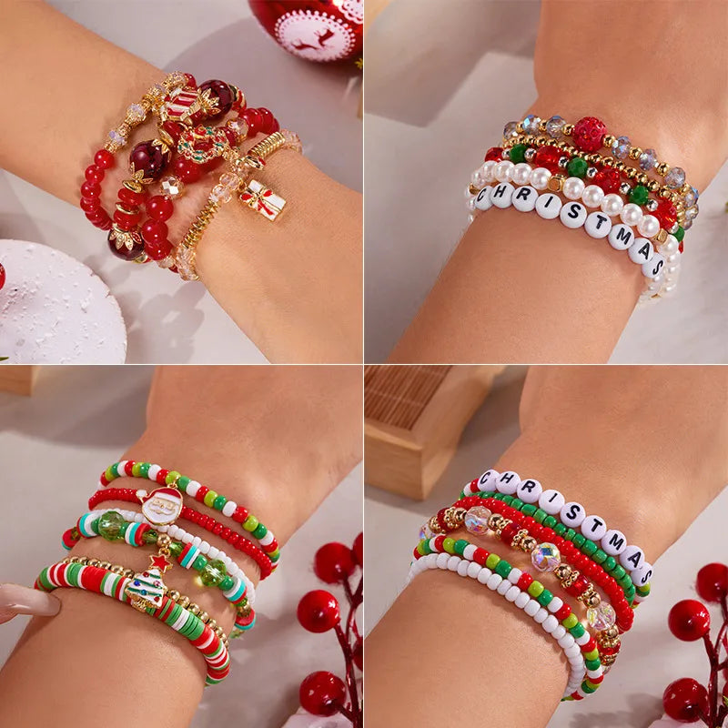 Handmade Christmas Themed Beaded Bracelet Set For Women Soft Clay Snowflake Letter Bracelets  Style