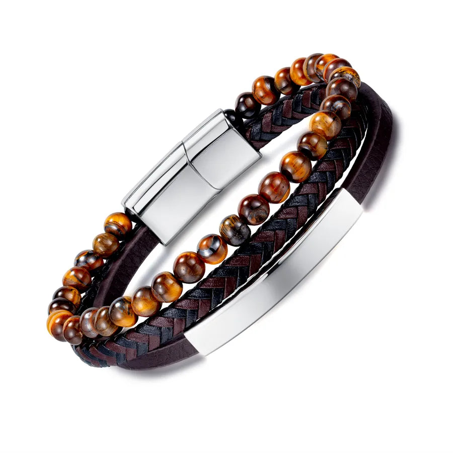 Hip-Hop Vintage Style Round Stainless Steel Pu Leather Tiger Eye Beaded Artificial Leather Men'S Bracelets