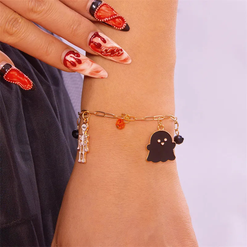 Halloween Elements Pumpkin Devil Paper Card Metal Bracelet Dark Style Cartoon Design Alloy Material Women's Fashion Jewelry