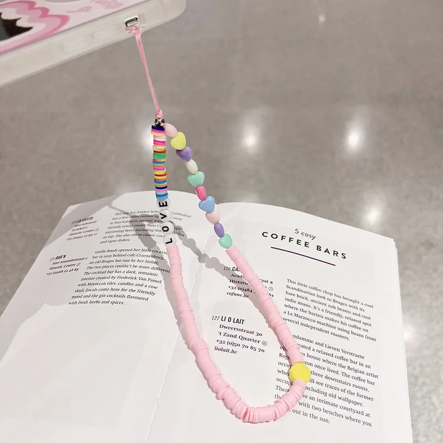 cute heart shape flower pc silica gel soft clay inlay artificial pearls women's mobile phone chain 1 piece