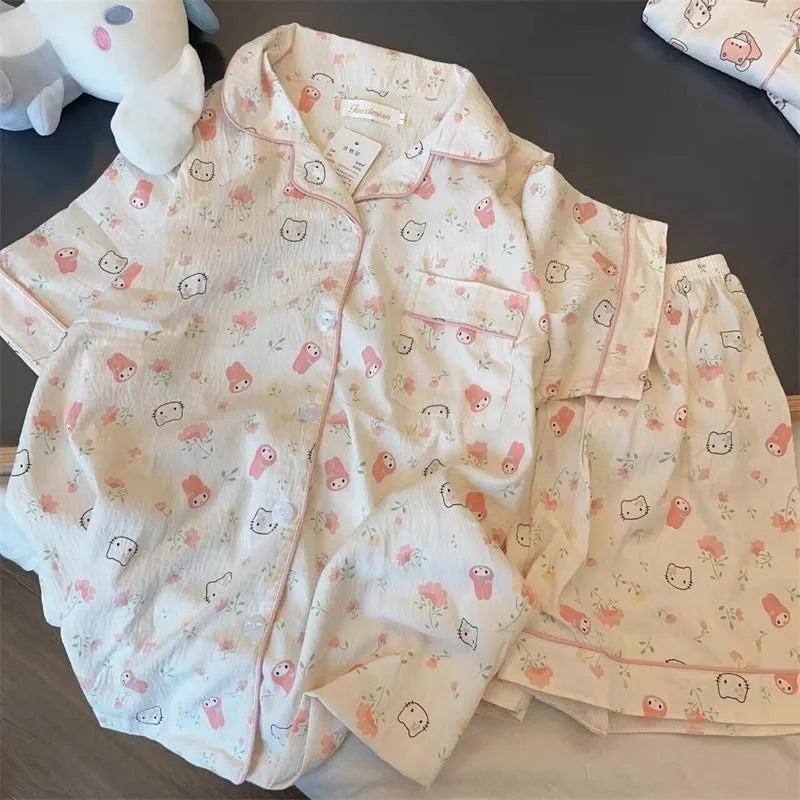 Pajamas Women's Summer Clouds Cotton  New Sweet Cute Cardigan Casual Short Sleeve Shorts Home Clothes suit